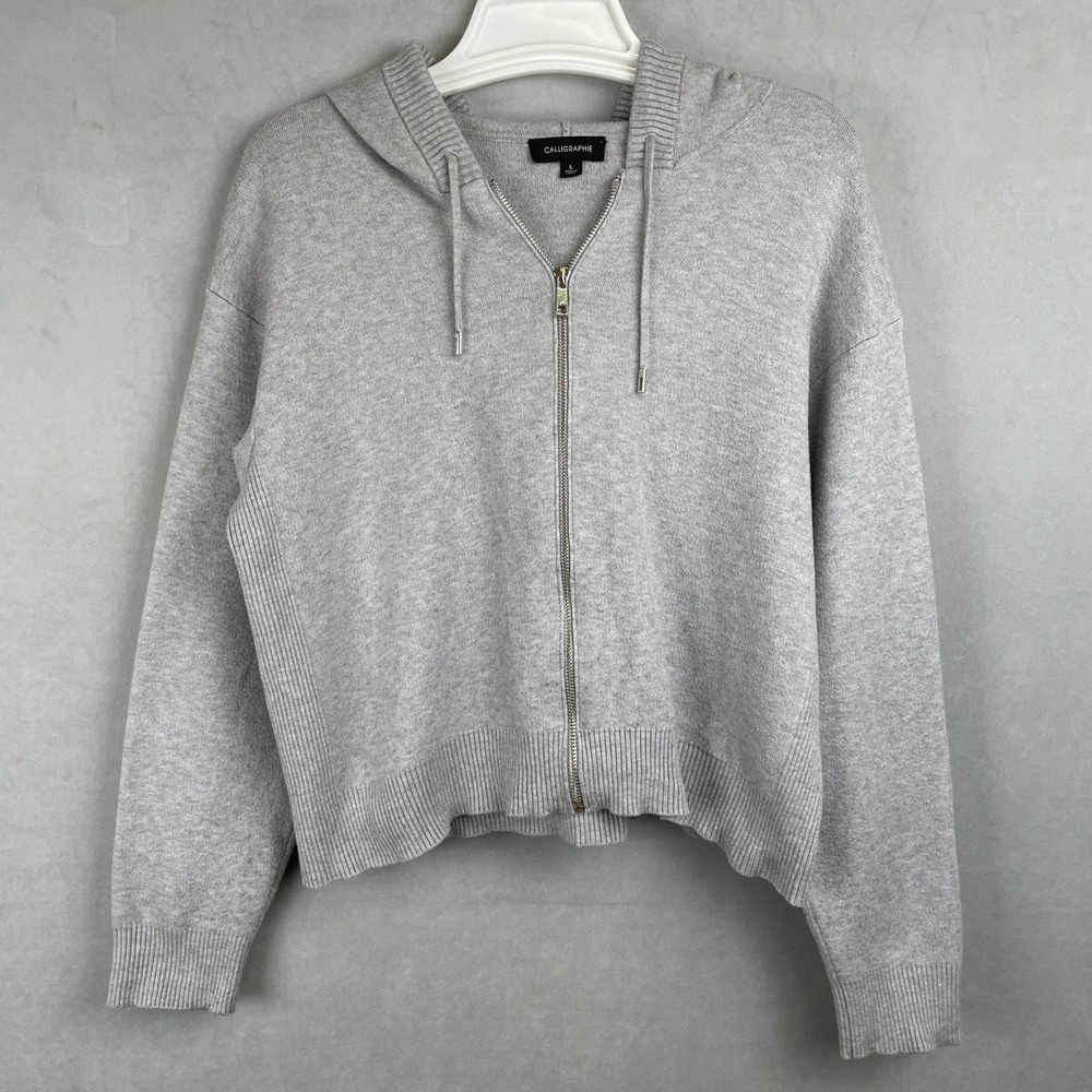 Calligraphie Anthropologie Heather‎ Grey Knit Zip Hoodie Sweater Cropped Relax L